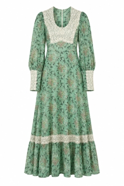 1970's Gunne Sax Green Floral Prairie Maxi Dress 223252
