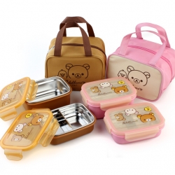 리락쿠마 가방 2단 이중 스텐 도시락(해피)