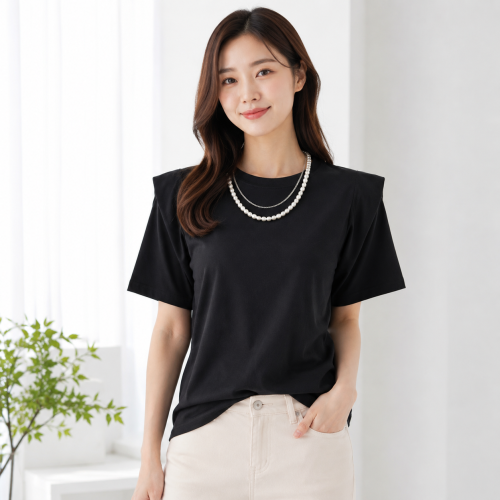 여성 어깨퍼프 티셔츠(비즈탈부착)
