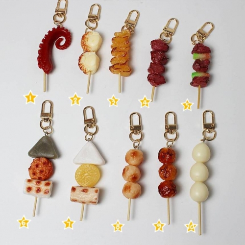 꼬치 음식모형 10종 키체인, 키링, 열쇠고리 (문어발, 관자, 산적, 고기, 완자, 은행)