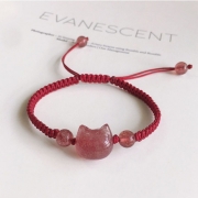 스트로베리 크리스탈 레드 고양이 플랫매듭 팔찌  손작업 공예  패션 쥬얼리  s1239