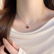미르보석  티타늄스틸 금도금 통통 양면 레드 하트 주얼리 목걸이   s1454