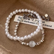 미르보석 2p 6mm 인조진주 월광석 헤마타이트실버 팔찌  s1902