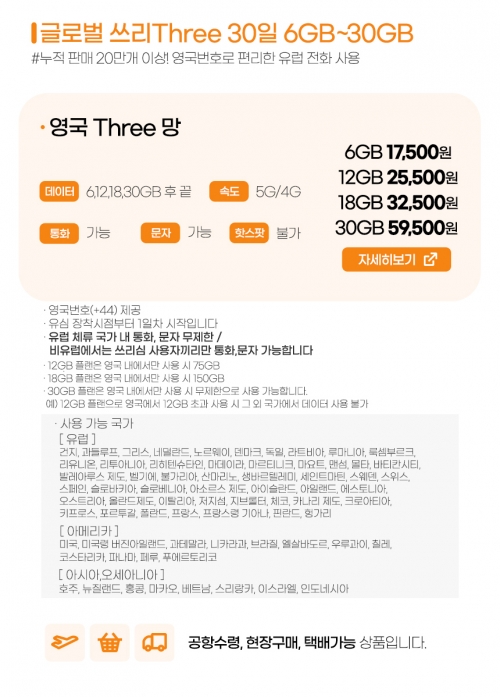 유럽유심 쓰리심 30일 6GB/12GB/18GB/30GB