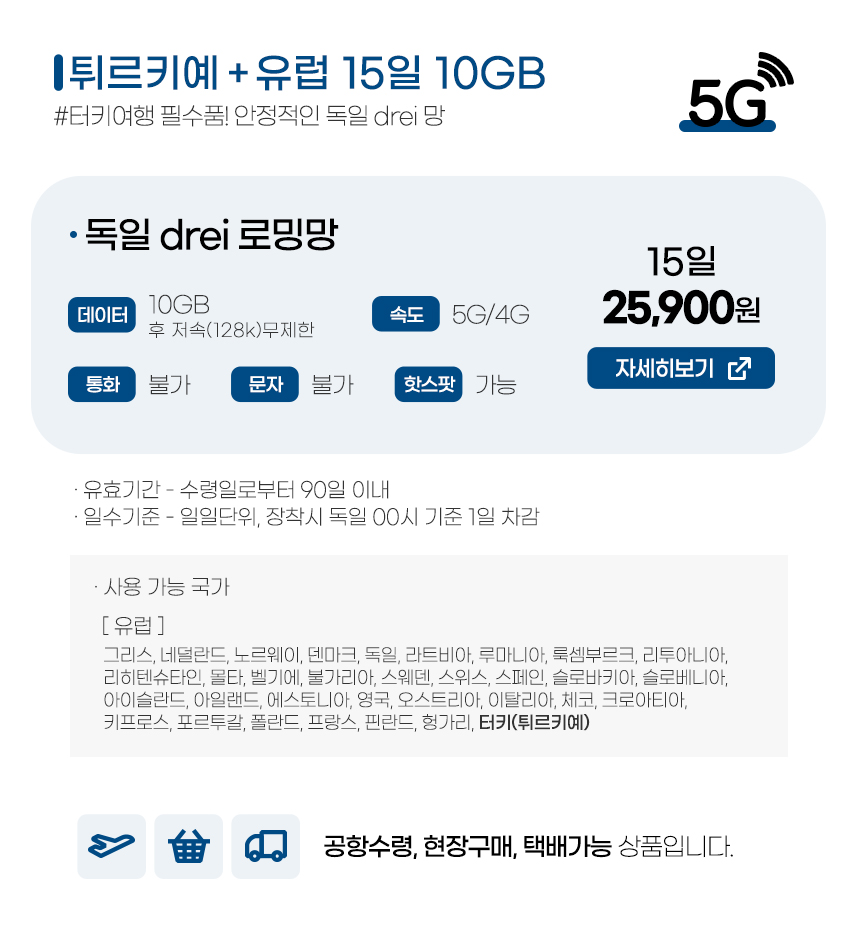 튀르키예 + 유럽 33개국 유심 15일 10GB