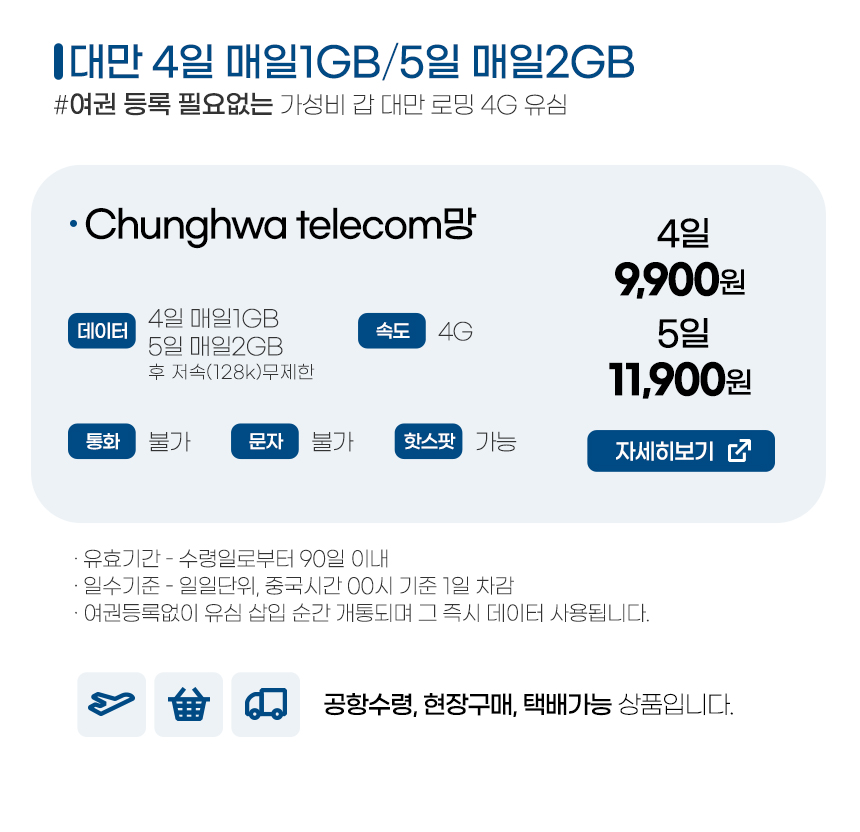 대만유심 4일,5일 매일데이터 - 대만유심