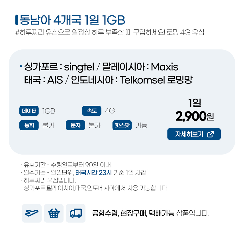 동남아 4개국 유심 - 1일 1GB