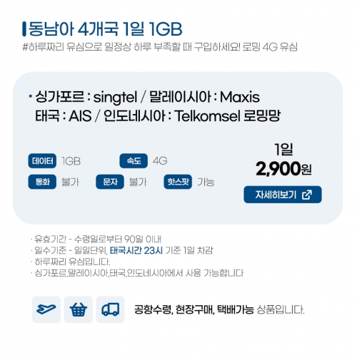 동남아 4개국 유심 - 1일 1GB