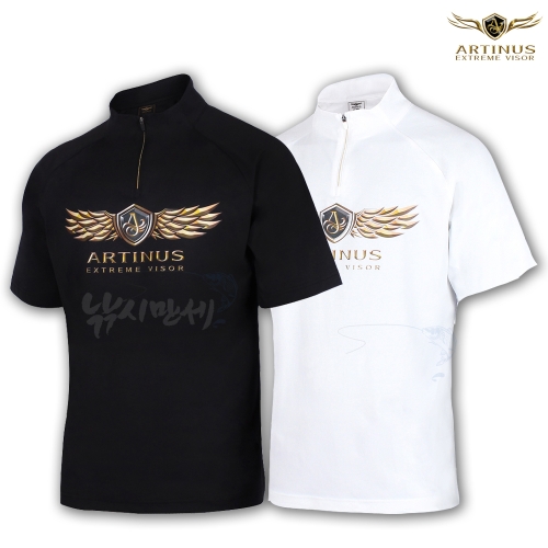 [아티누스] AT-573 기능성 집업 반팔 티셔츠 / 블랙 화이트 / 낚시티셔츠