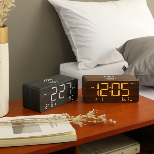 코튼렛 우드 LED 무선충전 알람 디지털 탁상시계