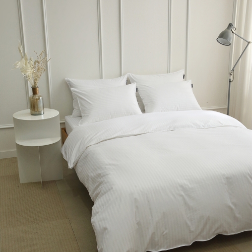 코튼렛 호텔침구 광폭 순면 60수 1cm 스트라이프 화이트 이불커버 SS Q K
