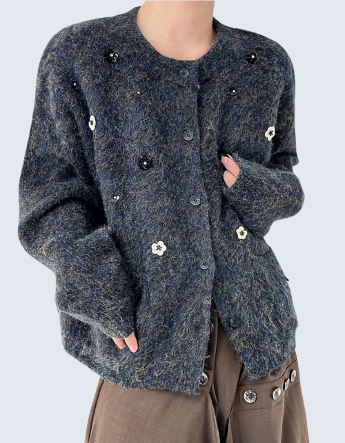 beaded round neck cardigan