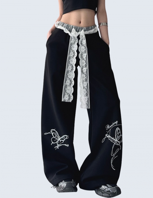 Retro lace strap sweatpants
