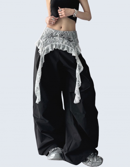 Retro-lace splicing wide pants