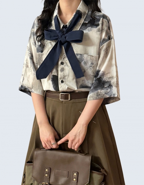 Ribbon ink-painting casual short-sleeved shirt
