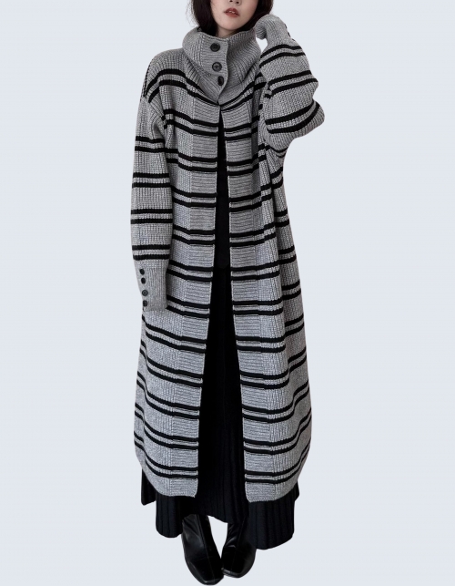 striped high-neck cardigan sweater coat