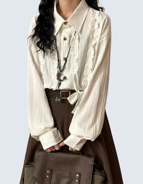 retro art ruffle long-sleeve shirt