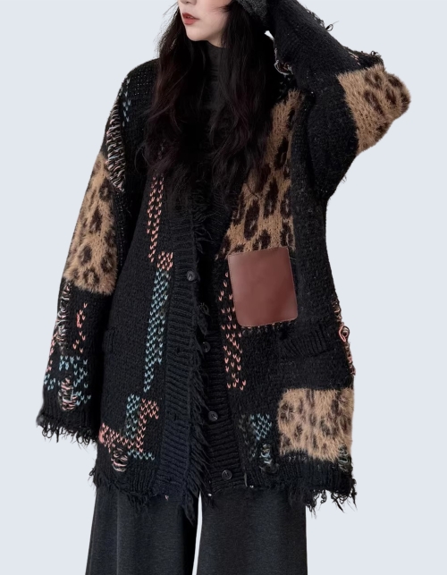 wool blended distress leopard print cardigan