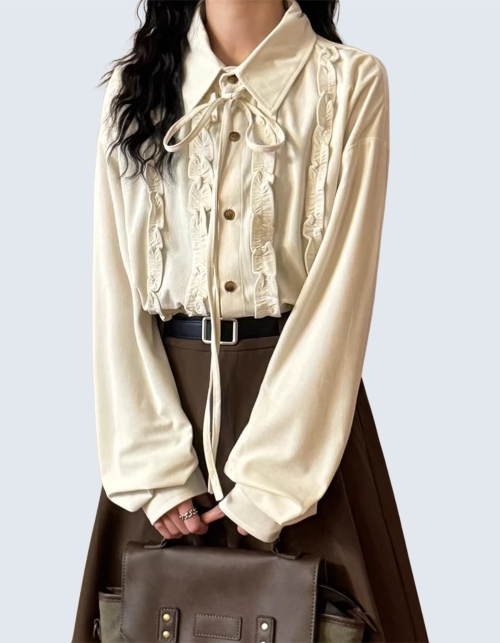 Lace Ribbon Tie Long-Sleeved Shirt