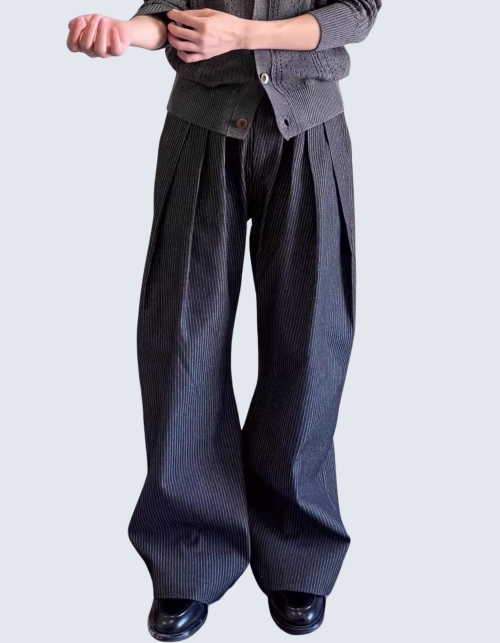 Retro-striped wide leg denim pants