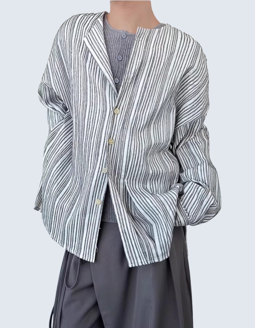 Retro-striped non-collar shirt