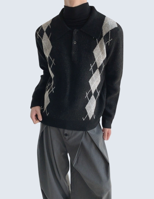 retro-patterned polo sweater