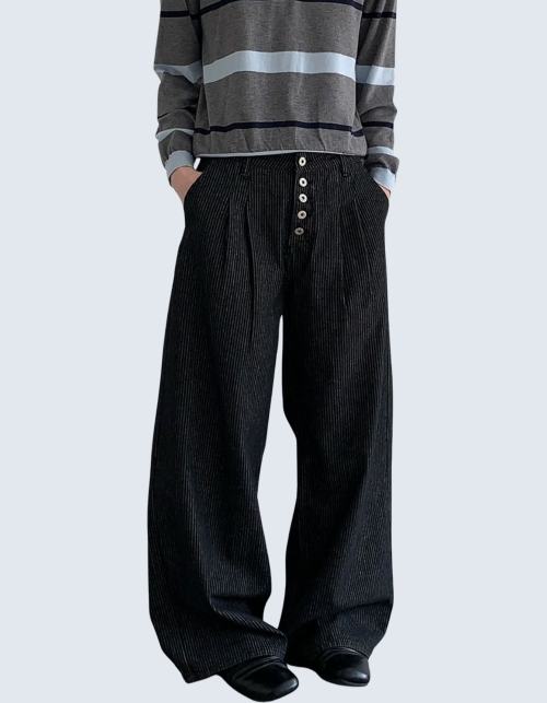 Retro-strip pleats button-down denim pants