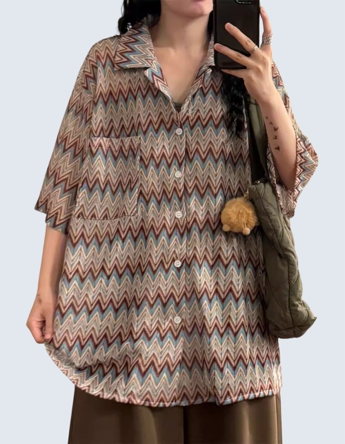 Wavy Stripe Cuban Collar Short Sleeve Shirt