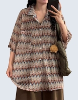 Wavy Stripe Cuban Collar Short Sleeve Shirt