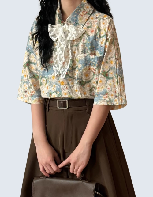 Flower Oil Painting Printed Short-Sleeved Shirt