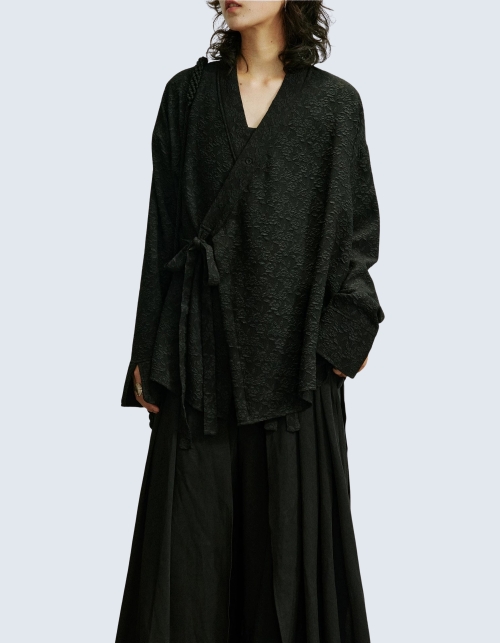 flower embroidered ribbon kimono shirt