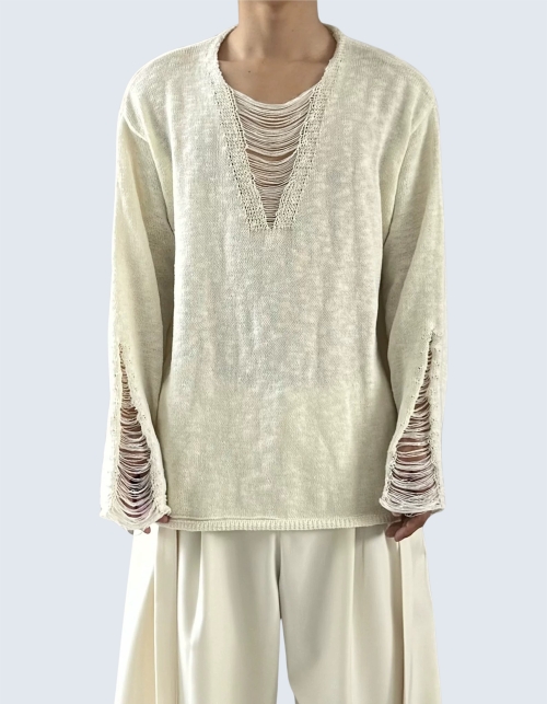 tussle V-neck knit sweater