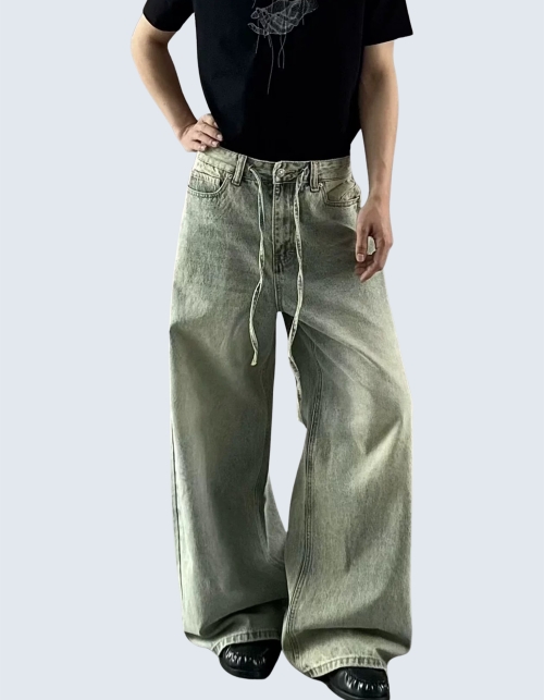 Vintage washed string denim pants