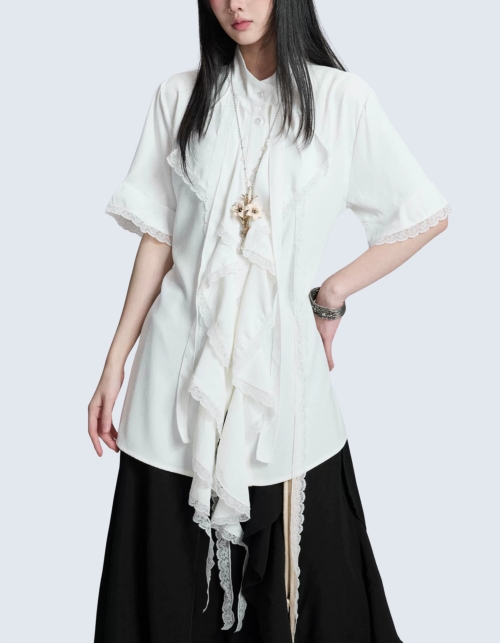Lace Design Waist Strap Short Sleeve Shirt