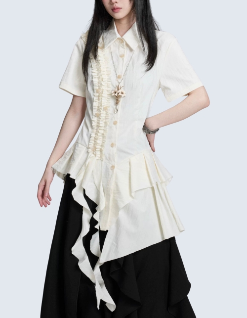 Unbalanced Design Lace Short-Sleeved Shirt