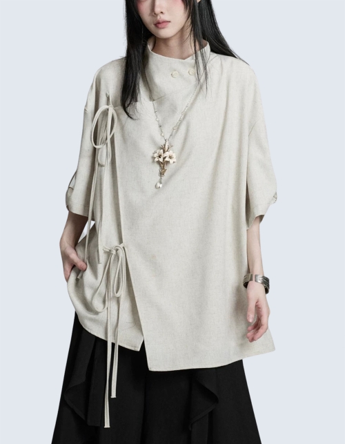 Front ribbon short-sleeved shirt