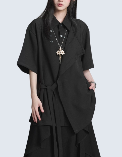 Two-piece design waist strap short-sleeved shirt