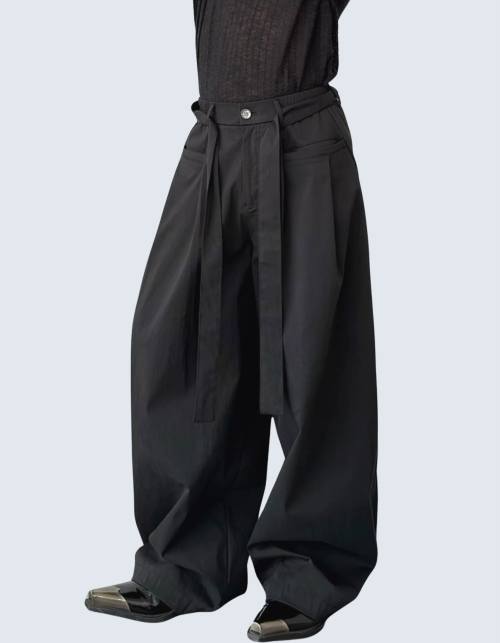 Pleated Textured Waist Strap Wide Pants