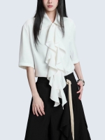 ruffle collar pleated lace short-sleeved shirt
