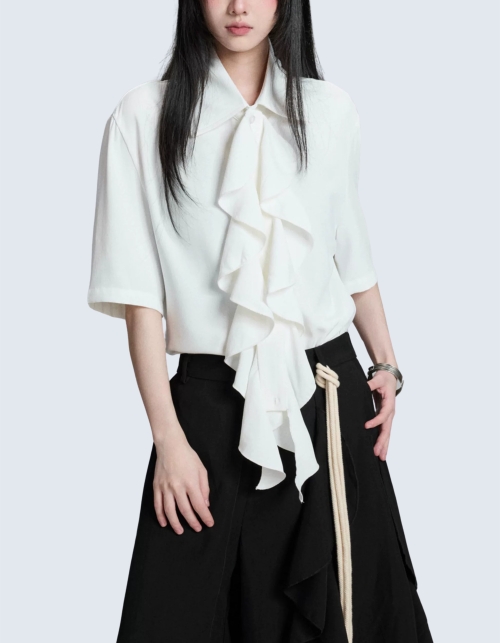 ruffle collar pleated lace short-sleeved shirt