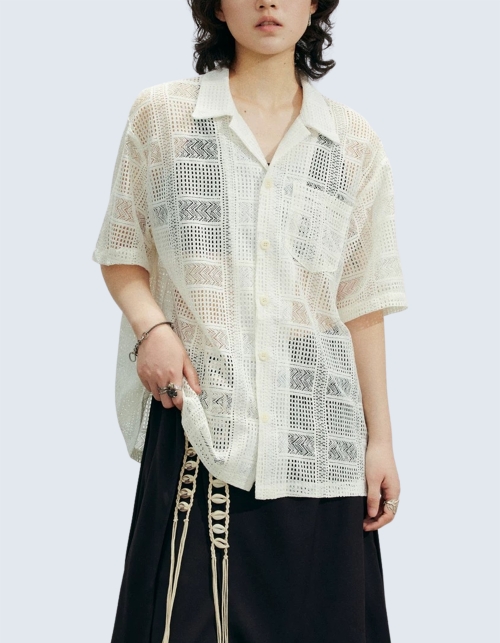 cut-out see-through short-sleeved shirt