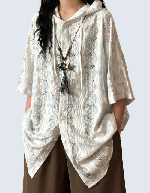 wavy short-sleeved hooded shirt