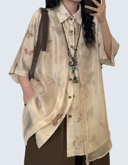 Layered Butterfly Print Short-Sleeved Shirt