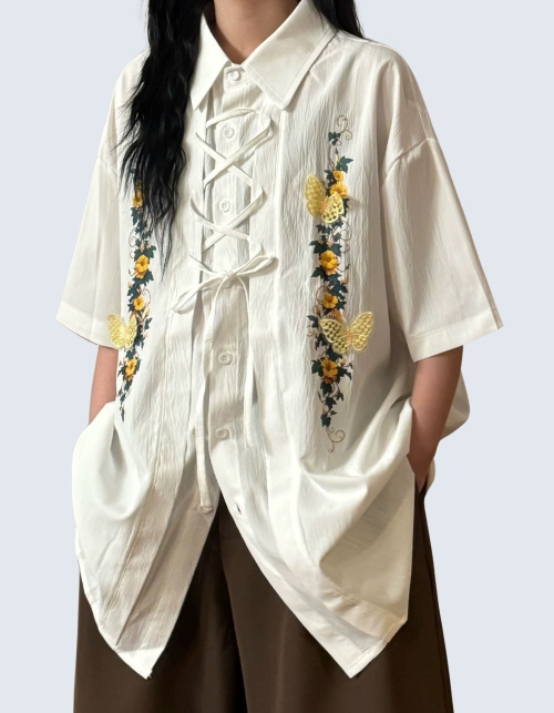Flower tie-up short-sleeved shirt