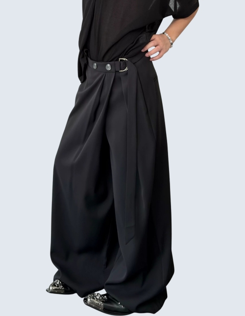 Double button waistband wide slacks