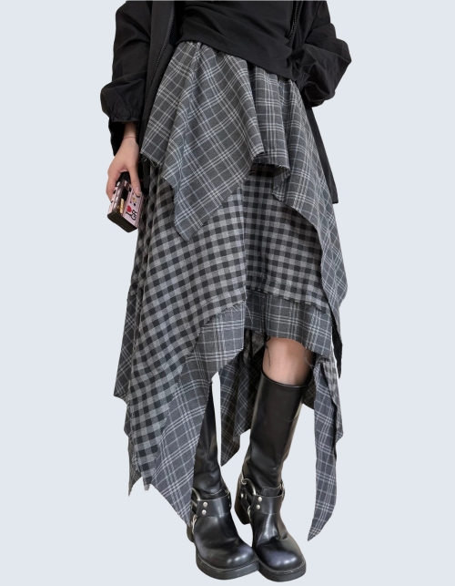 Irregular check pattern layered A-line skirt