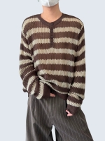 Striped Holeout Henley Neck Knit