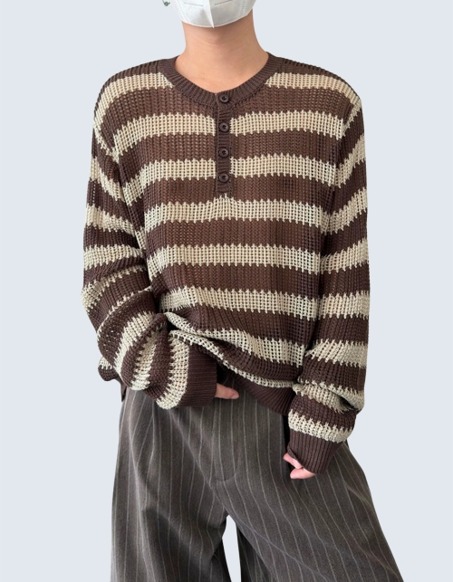 Striped Holeout Henley Neck Knit