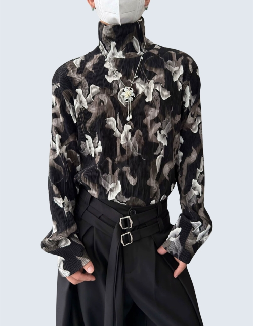 Ink-painted high-neck T-shirt