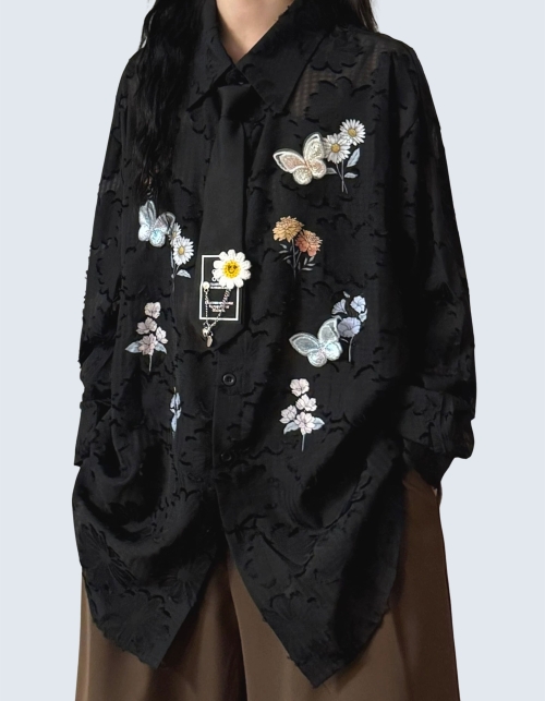 3D Floral Butterfly Embroidered Long-Sleeve Shirt